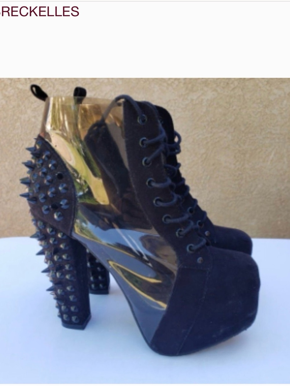 Breckelles Black Spike-Heel Lace-Up Platform Booties